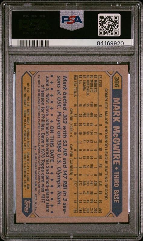 1987 TOPPS 366 MARK McGWIRE RC ATHLETICS PSA 10 84169920 FRESH SLAB EBay