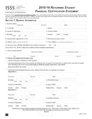 Fillable Online Isss Umn Returning Student Financial Certification Form