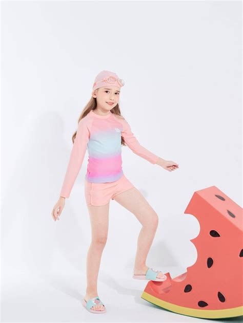 Tween Girl Ombre High Neck Bikini Swimsuit With Swim Cap SHEIN USA