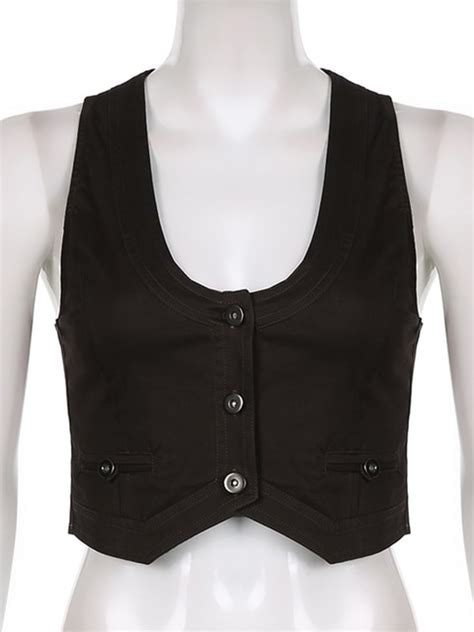 Rapcopter Y2k Button Corset Top Black Sleeveless Tank Tops Skinny V