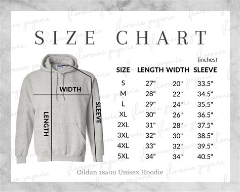 Gildan 18500 Hoodie Size Chart Unisex Hooded Sweatshirt Downloadable Printable Mens Size