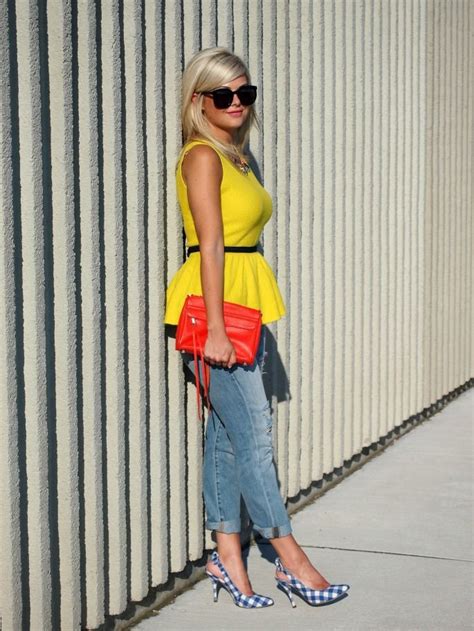 Orange and yellow outfit ideas with denim, jeans, coat | Peplum Top ...