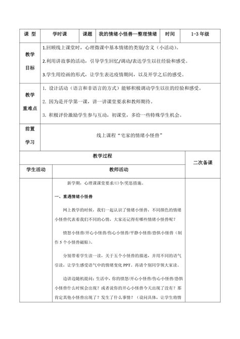 情绪心理课 我的情绪小怪兽—整理情绪（教案）小学心理健康教育 通用版 （表格式）21世纪教育网 二一教育