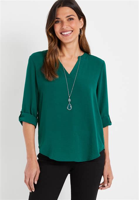 Atwood Dark Green 3 4 Sleeve Popover Blouse Maurices