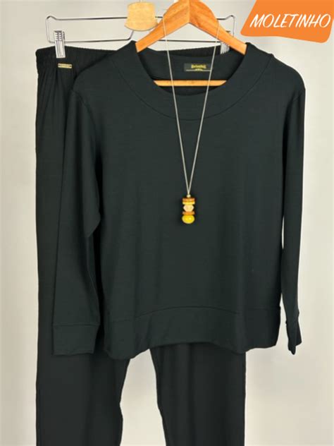 Conjunto Feminino Moletinho Preto Blusa Manga Longa E Cal A