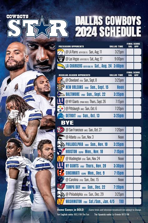 Printable 2024-2025 Dallas Cowboys Schedule | Cowboys schedule, Dallas