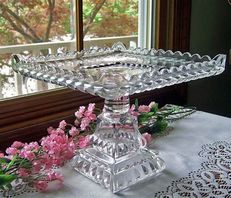 Eapg Antique Glass Pedestal Cake Stand Plate Square Crystal Wedding Glass Pedestal Cake