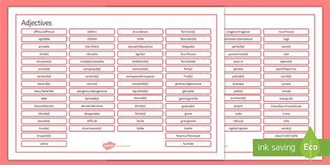 French Adjectives Word Mat Twinkl