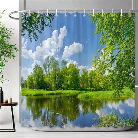 Outdoor Scenic Forest Shower Curtain With Green Plant Tree Waterfall