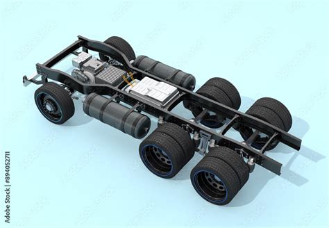 Rear View Of Fcv Semi Truck Chassis On Light Blue Background Fuel Cell