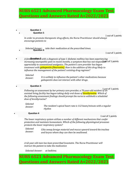 Advanced Pharmacology Midterm Sample Study Guide Question Out