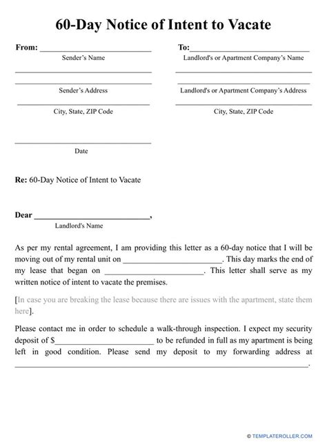 60 Day Notice Of Intent To Vacate Template Fill Out Sign Online And