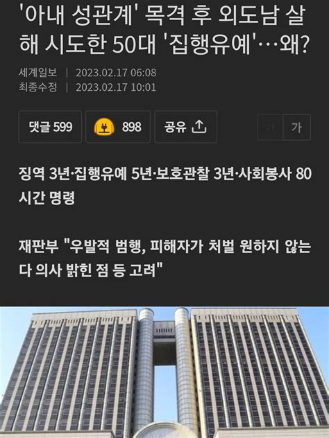 아내 성관계 목격 후 외도남 살해 시도한 50대 집행유예 유머움짤이슈 에펨코리아