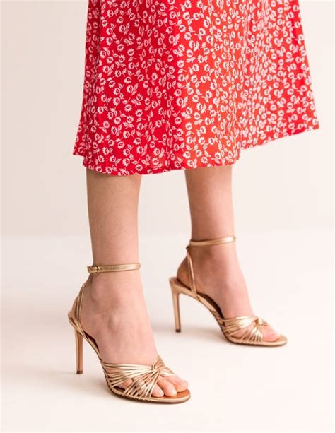 Twist Front Heeled Sandals Gold Metallic Leather Boden Eu