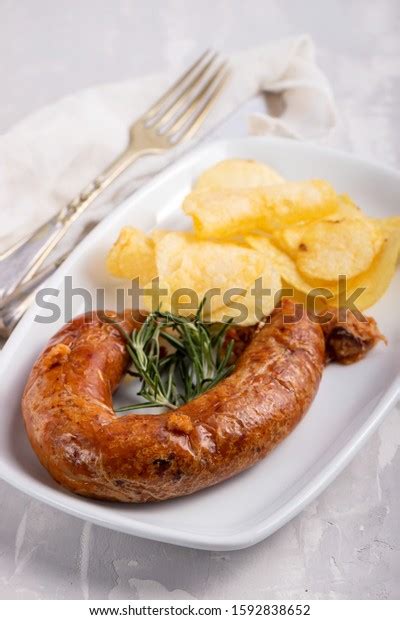 Typical Portuguese Smoked Sausage Alheira Potato Stock Photo