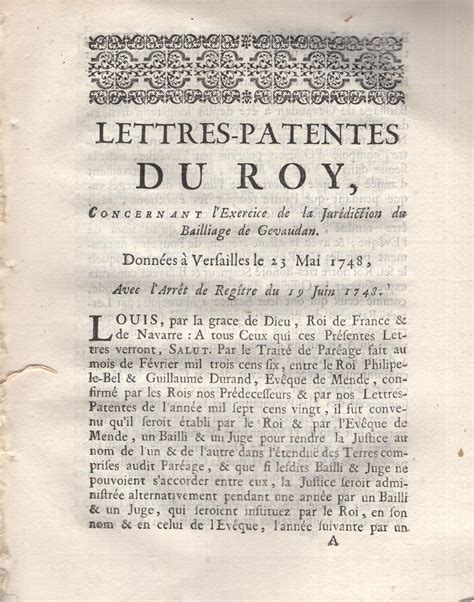 Lettres Patentes Du ROY Concernant L Exercice De La Juridiction Du