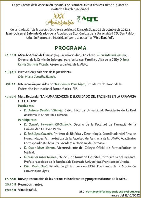 Asociación Española de Farmacéuticos Católicos PROGRAMA CELEBRACIÓN