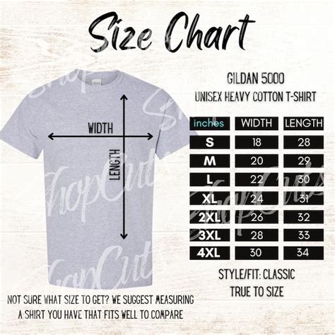 Gildan 5000 Size Chart Gildan Heavy Cotton T Shirt Size Etsy