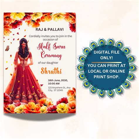 Half Saree Invitation 5x7 Editable Half Saree Ceremony Invitation Puberty Invites For Half