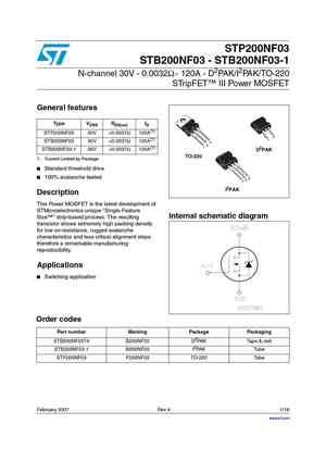 STP200N3LL MOSFET Datasheet Pdf Equivalent Cross Reference Search