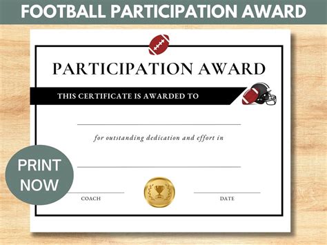 Printable Football Award Certificate Football Participation Award