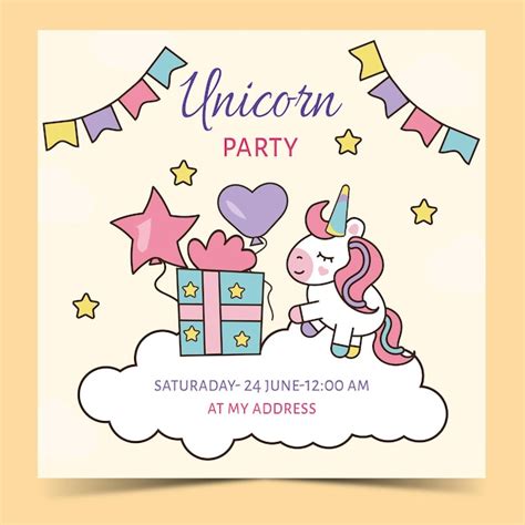 Premium Vector Birthday Invitation Cute Unicorn With Gift And Ballons