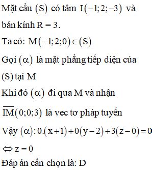 Trong không gian với hệ tọa độ Oxyz cho mặt cầu S x 2 y 2 z 2