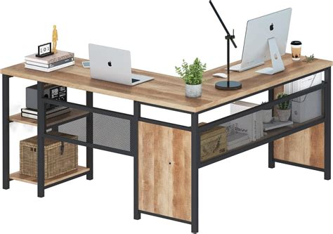 Rustic Industrial L-Shaped Desk with Reversible Shelf and Storage