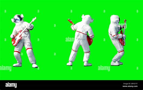 Funny astronaut play to bass guitar . Green screen. 3d renderimg Stock ...