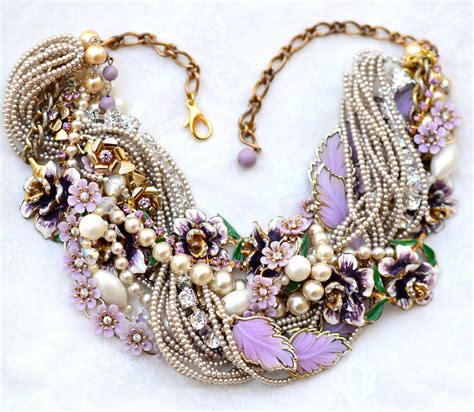 Purple Statement Necklace Vintage Flower Leaf Chunky Pearl