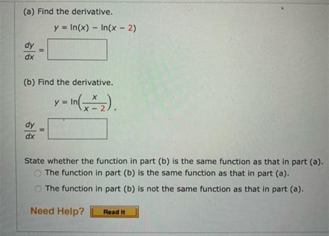 [solved] A Find The Derivative Y Ln X Ln X2 Dxdy B