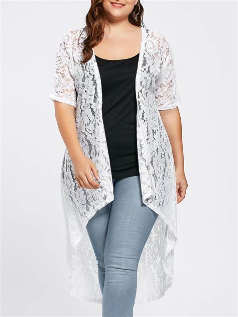 33 OFF Plus Size Long Open Front Lace Crochet Cardigan Rosegal