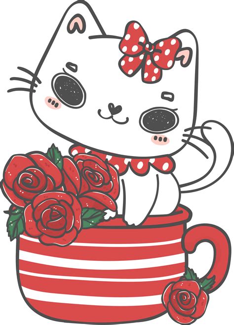 Kawaii Happy Valentine White Kitten Cat In Mug With Rose Flowers