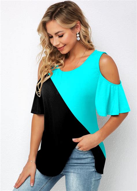 Rotita Round Neck Cold Shoulder Flare Sleeve T Shirt Usd