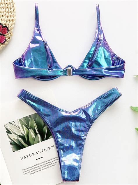 Emmiol Free Shipping Metallic Underwire Bikini Set Blue S In