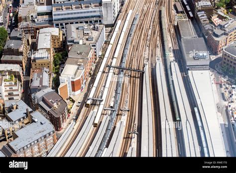 Aerial view of train track and train station in London England Stock ...