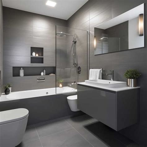 A Modern Bathroom With Grey Walls And Flooring Including A White