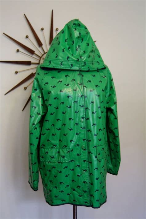 Vintage 1980 S CUTE Green Blue WHALE Pattern Raincoat Reversible Vinyl