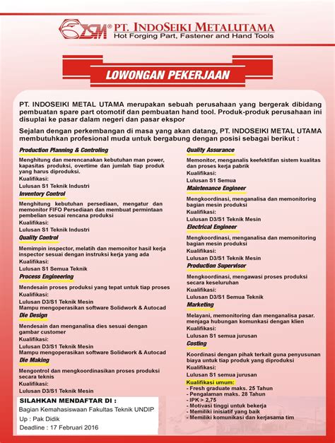 Lowongan PT Indoseiki Metal Utama – Fakultas Teknik UNDIP