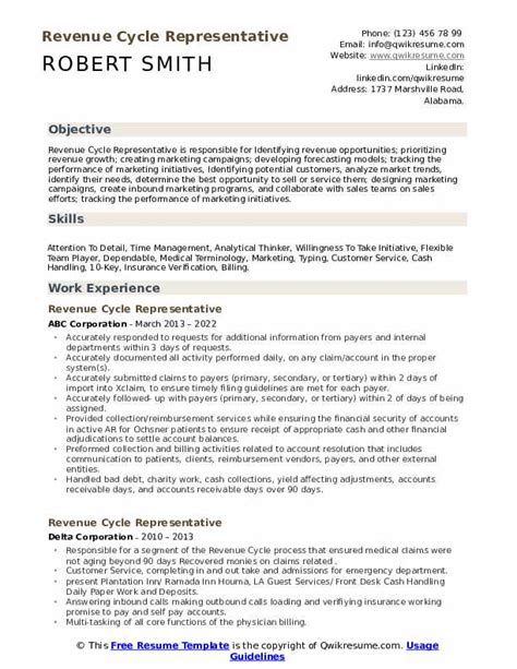 Revenue Cycle Representative Resume Samples QwikResume