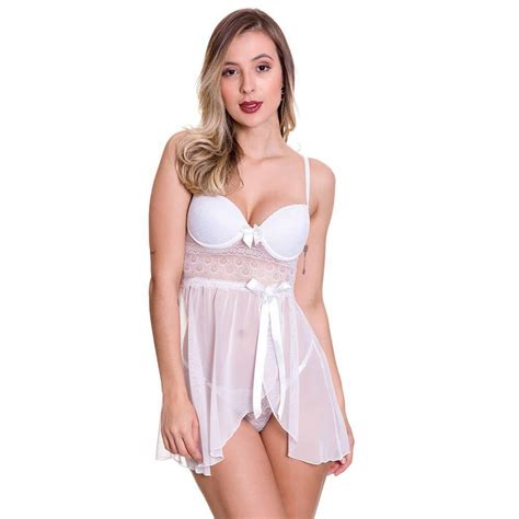 Camisola Feminina Tule Sexy Renda Lingerie Lua De Mel Baby Doll Vestido