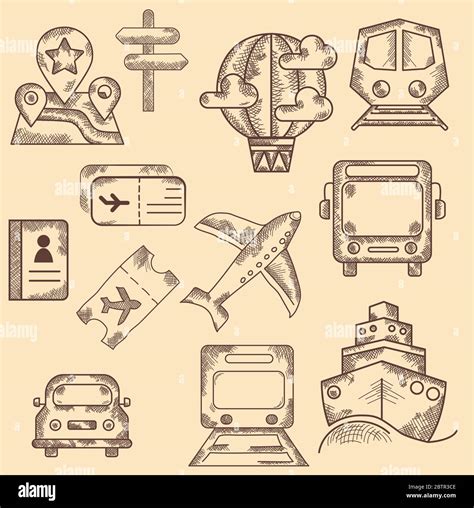 Hand Drawn Icon Set Transport Travel And Road Vintage Hand Held