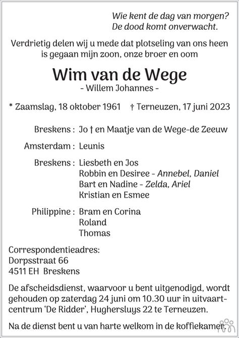 Wim Willem Johannes Van De Wege Overlijdensbericht En