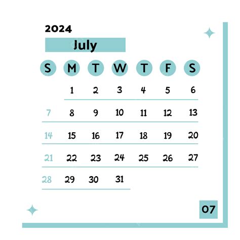 Juli 2024 Templat Vektor Grafis Bulanan Kalender Sederhana Juli 2024 Kalender Kalender 2024