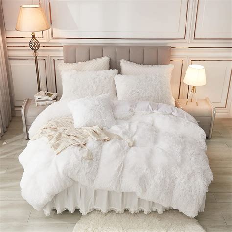 Annadaif Plush Shaggy Duvet Cover White Fluffy Comforter Cover Queen Size Fuzzy Faux Fur