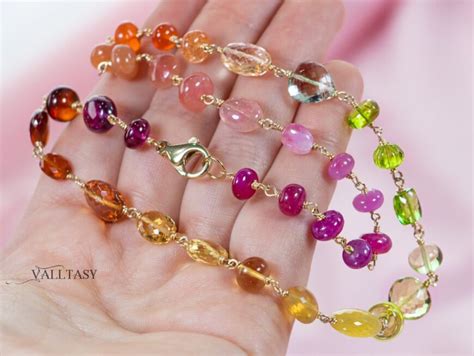 Solid Gold 14k Multi Gemstone Necklace Wire Wrapped In Gold Gemmy Necklace Colorful Multi