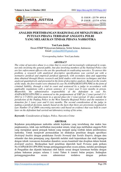 Pdf Analisis Pertimbangan Hakim Dalam Menjatuhkan Putusan Pidana Terhadap Anggota Polri Yang