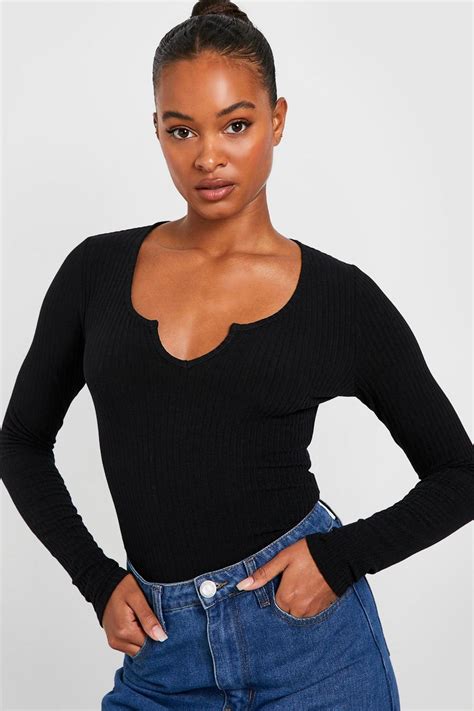 Womens Tall Soft Rib Notch Neck Longsleeve Bodysuit Boohoo Uk