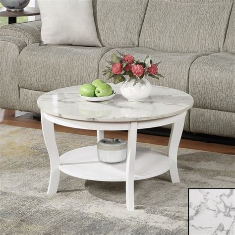 Convenience Concepts American Heritage Round Coffee Table With Shelf White Faux Marble White