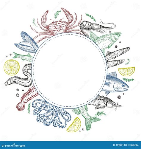 Fish And Seafood Round Frame For Menu Stock Vector Illustration Of